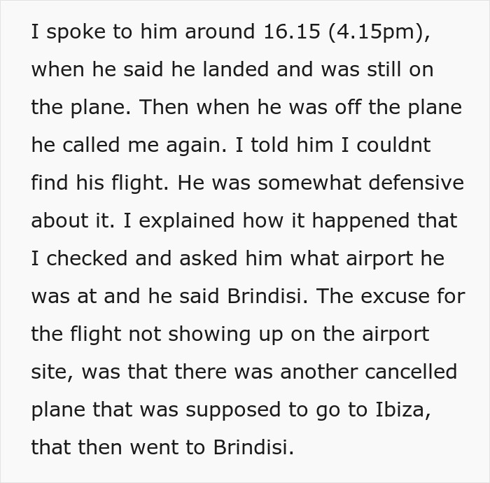 Text snippet describing a phone call with a guy who claims he landed at Brindisi airport on a redirected flight.