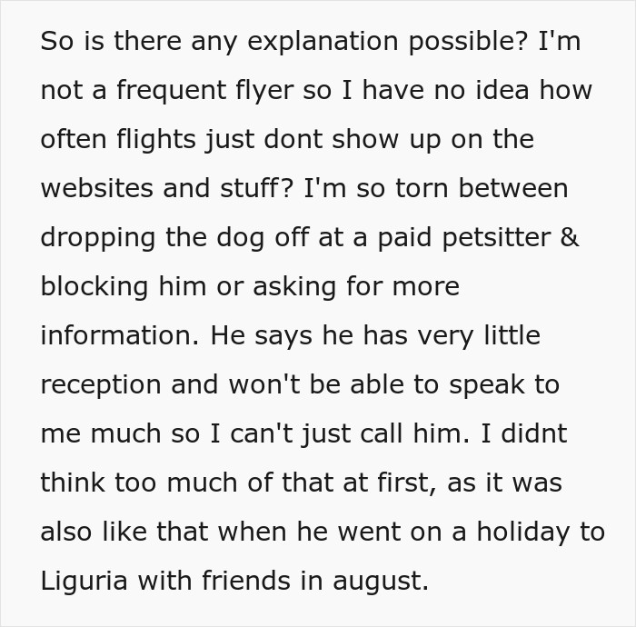 Online post text discussing missing flight tracker info and relationship doubts about an imaginary flight to Italy.