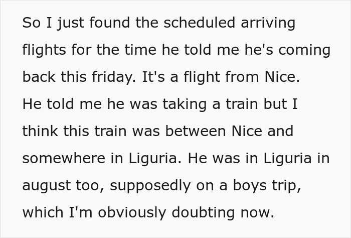 Text snippet explaining details after GF checks flight tracker on guy fake trip to Italy