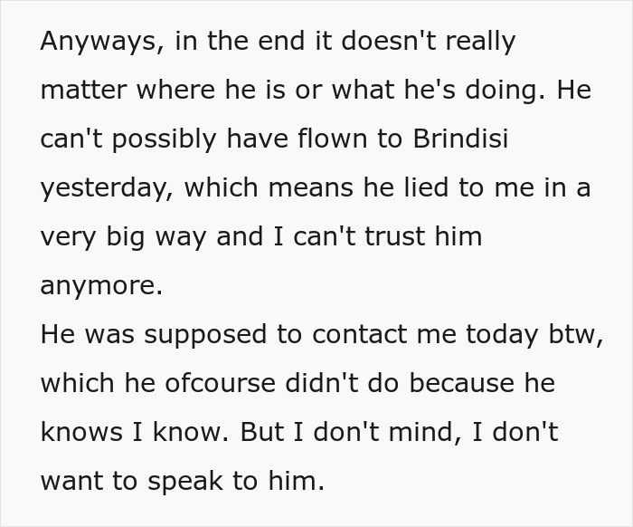 Text snippet where a gf checks the flight tracker and realizes her guy lied about taking a flight to Italy.