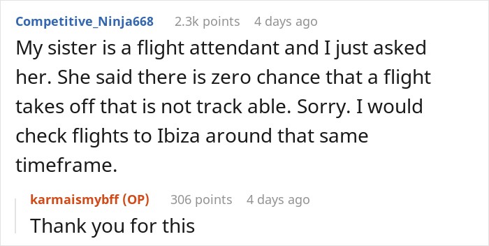 Comment thread from a flight attendant explaining that zero flights take off without being visible on a flight tracker.