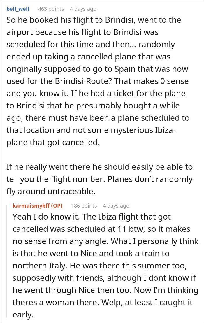 Reddit comment analyzing an imaginary flight to Italy route and questioning untraceable planes.