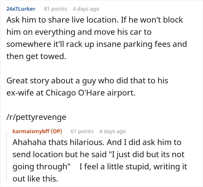 Reddit thread advising to request live location after caught lying about an imaginary flight to Italy.