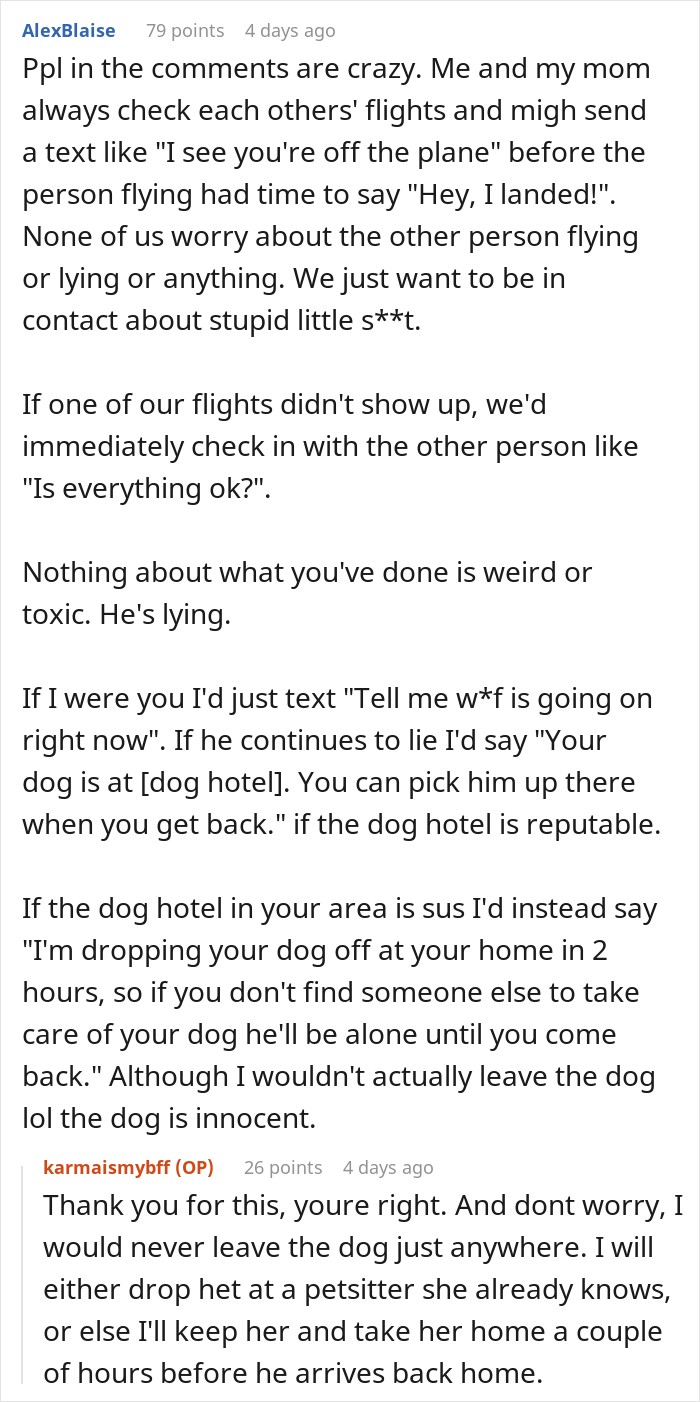Online discussion about relationship lies and using a flight tracker to verify travel plans.
