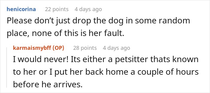 Comment thread about pet care after a story where a gf checks the flight tracker on a guy lying about his trip.