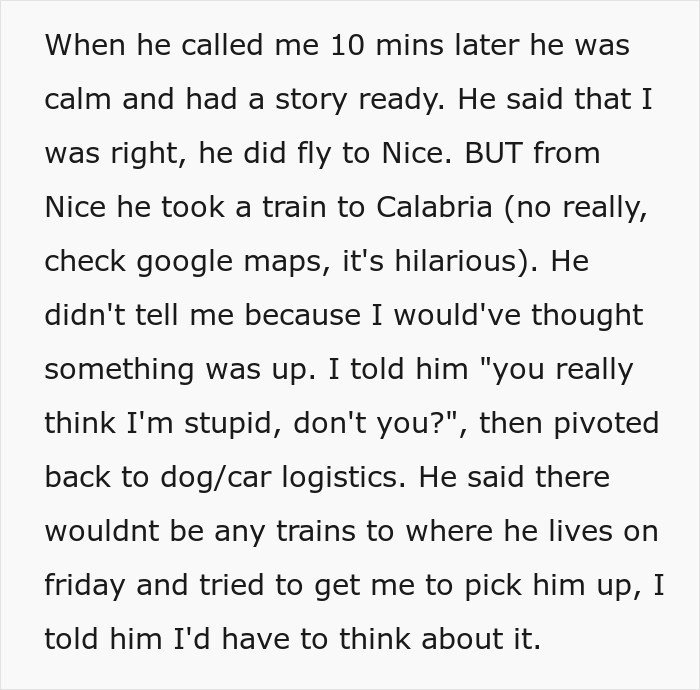 Text post describing a boyfriend offering excuses about taking a flight to Italy and a long train ride.