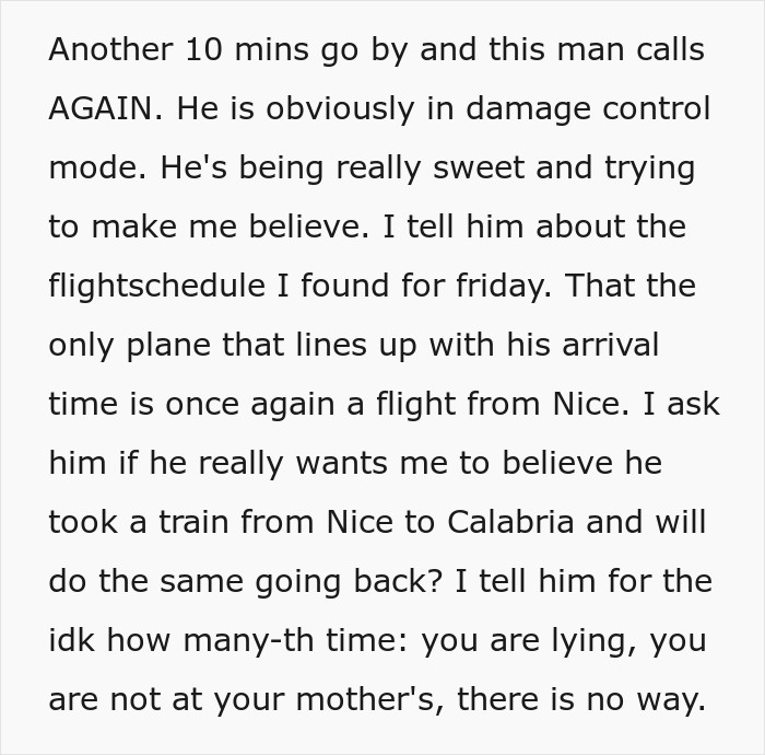Screen capture of text detailing how a boyfriend lied about his flight tracker info and location in Italy.