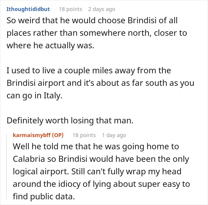 Comments discussing flight details and airports in a story where a guy takes an imaginary flight to Italy.