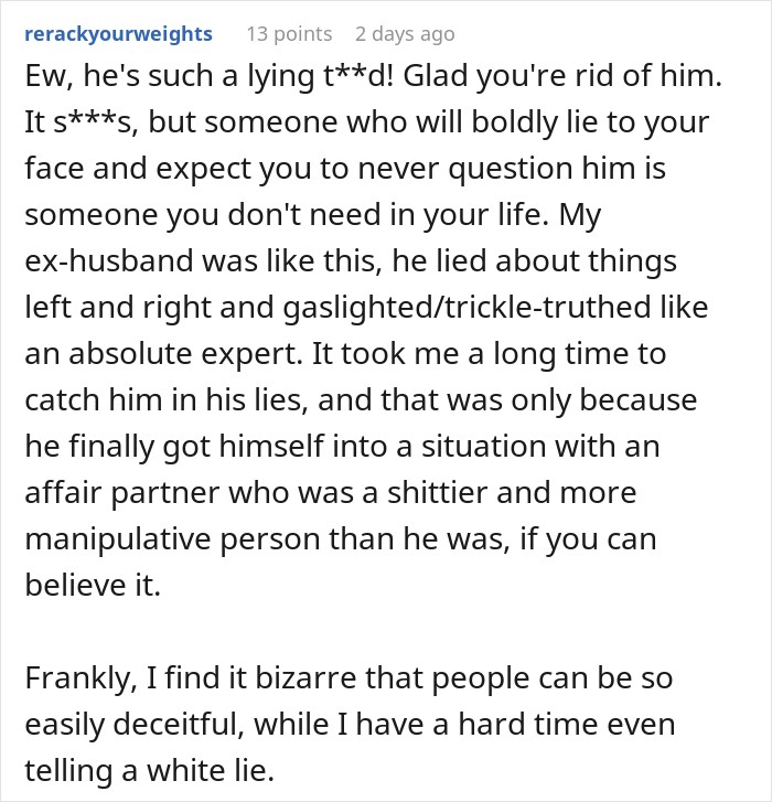 User comment criticizing deceitful behavior in a story where a guy takes an imaginary flight to Italy.