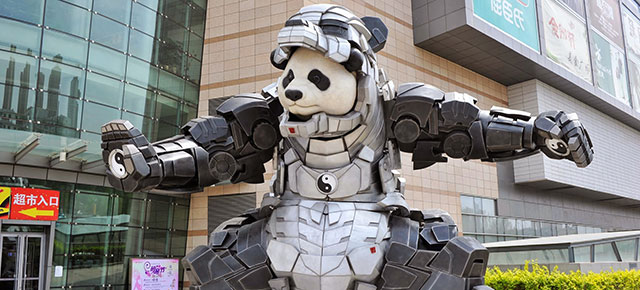 Giant Panda Statue In Iron Man Armor Protects China