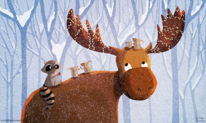 Illustration of moose with christmas lights