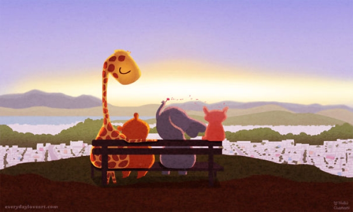 Illustration of animals looking over city