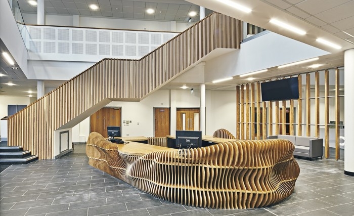 Reception desk by Lazerian for Clarendon sixth form college in Ashton under Lyne