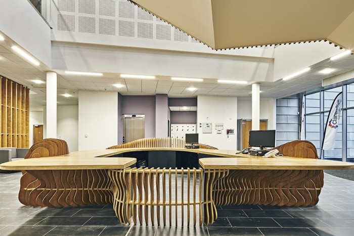 Reception desk by Lazerian for Clarendon sixth form college in Ashton under Lyne