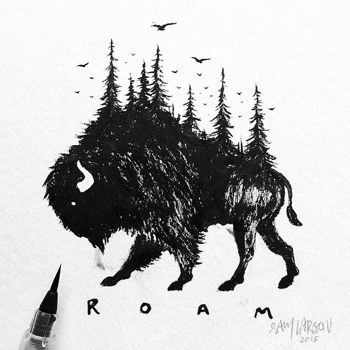 black-white-animal-landscape-hybrid-drawings-sam-larson-steel-bison-9
