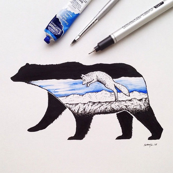 black-white-animal-landscape-hybrid-drawings-sam-larson-steel-bison-2