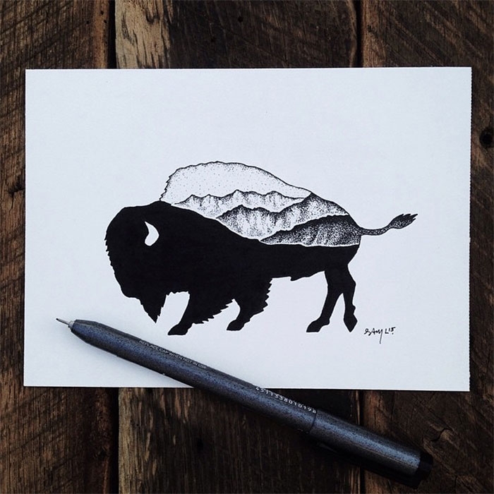black-white-animal-landscape-hybrid-drawings-sam-larson-steel-bison-1