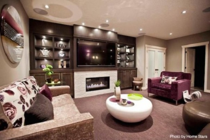 Basement remodel with bold colors