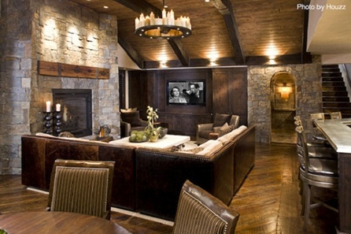 Basement remodel for stone fireplace