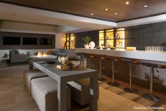 Basement remodel with a bar