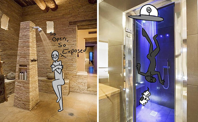 Artist Highlights How Ridiculous Rich People's Showers Are By Doodling On Them