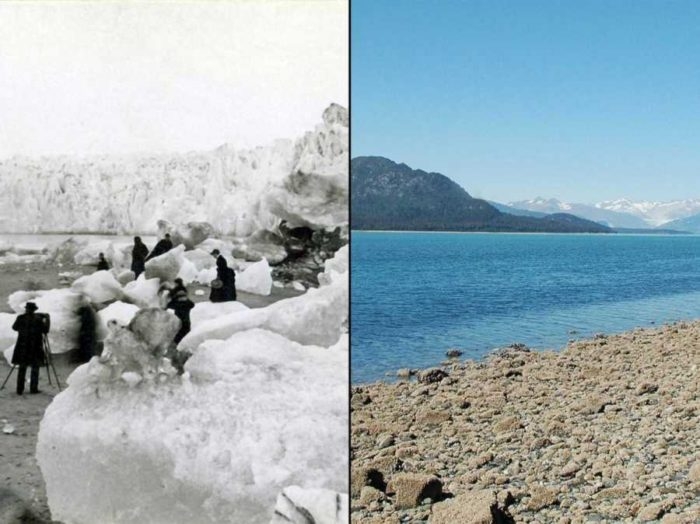 The Muir Glacier in Alaska as seen on the left in the 1890s and the right image was taken in 2005. It clearly shows how fast the landscape changed due to global warming