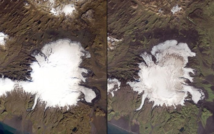 The image shows the fast shrinking of Myrdalsjökull, Iceland's fourth largest ice cap. The image on the left was taken in 1986 and the image on the right was taken in 2014.