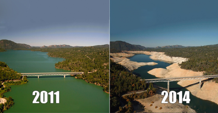 The Enterprise Bridge passes over a section of Lake Oroville in 2011 (left) and 2014 (right) in Oroville, California, which is experiencing “exceptional” drought.
