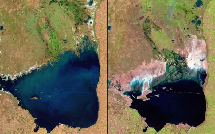 The below satellite images show the shrinking of Mar Chiquita in Argentina. Mar Chiquita is one of the largest natural saline lakes in the world, but has been shrinking due to irrigation and drought