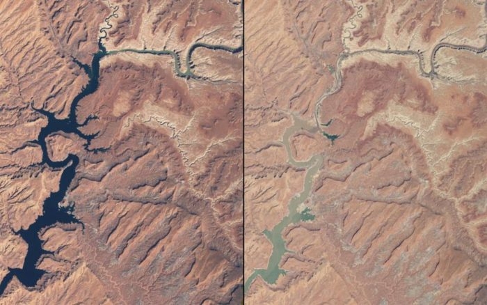 The image below shows how Lake Powell on the Arizona-Utah border has been drying up due to prolonged drought coupled with water withdrawls