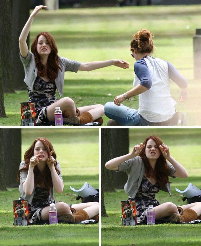 *EXCLUSIVE* Pasadena, CA - Actress Emma Stone is back on the set of her latest untitled comedy film with co-stars Kevin Bacon, Steve Carell, and David Koechner, who were all on set today. In-between scenes, Emma joked around with cast and crew members, keeping the atmosphere fun and upbeat. At one point Emma started to make funny faces toward the paparazzi once she spotted them. GSI Media May 28, 2010 Steve Ginsburg 310 505-8447 323 423-9397 323 656-2486 Keith Stockwell 310 261-8649 sales@ginsburgspalyinc.com ginsburgspalyinc@gmail.com steve@ginsburgspalyinc.com keith@ginsburgspalyinc.com